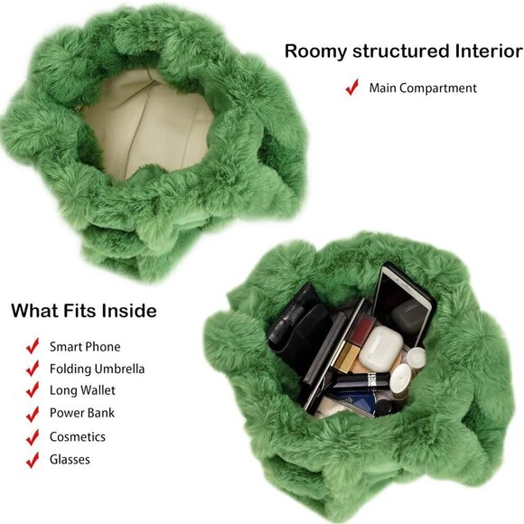 ✨Herald Women Green Tote Bag Soft Fluffy Fuzzy Furry Plush Handle Purse Handbag - Picture 5 of 8